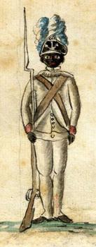 Sketch of a black soldier in a Rhode Island Revolutionary War regiment